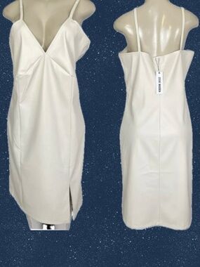 Steve Madden XL Faux Leather Below Knee Dress Bone White V-Neck Open Back Dress
